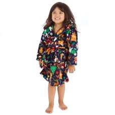 18C1070: Kids All Over Print Christmas Plush Dressing Gown- Navy (2-6 Years)